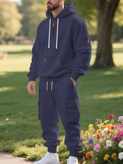 Men'S Winter Thick Fleece Lined Loose-Fit Casual Streetwear Set, Fall & Winter Fashion for Men, Warm Daily Wear Clothing
