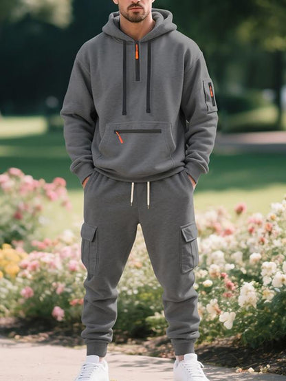Men'S Winter Thick Fleece Lined Loose-Fit Casual Streetwear Set, Fall & Winter Fashion for Men, Warm Daily Wear Clothing