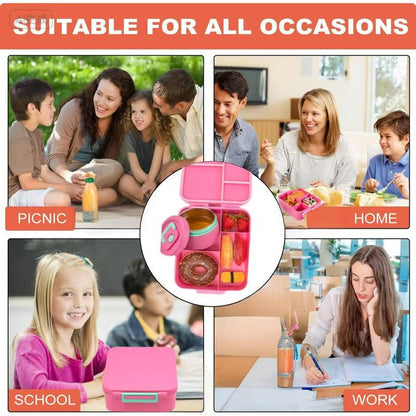 Bento Lunch Box Set for Kids🍗🥦🍓🍰🍲 with 8Oz Soup Thermo, Leak-Proof Lunch Containers with 4 Compartment, Kids Thermo Hot Food Jar ，BPA Free ， Utensils for Girl Boy School, Microwave Dishwasher Safe