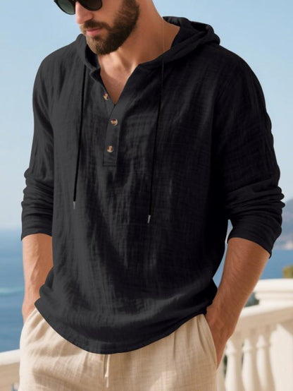 Men'S Casual Long Sleeve Hooded Linen Shirt, Loose Fit Beachwear, Comfortable Breathable Spring Summer Vacation Clothing, Durable Daily Use